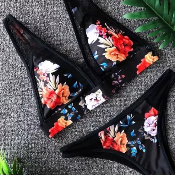 CLEARANCE Black Sheer Mesh & Floral 2Pc Swimsuit Bikini - Picture 2 of 3